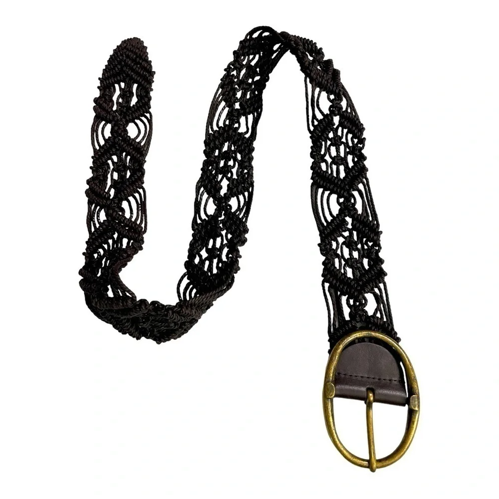 Vtg Hippie Macrame Belt Adjustable Brown Leather Brass Buckle Boho